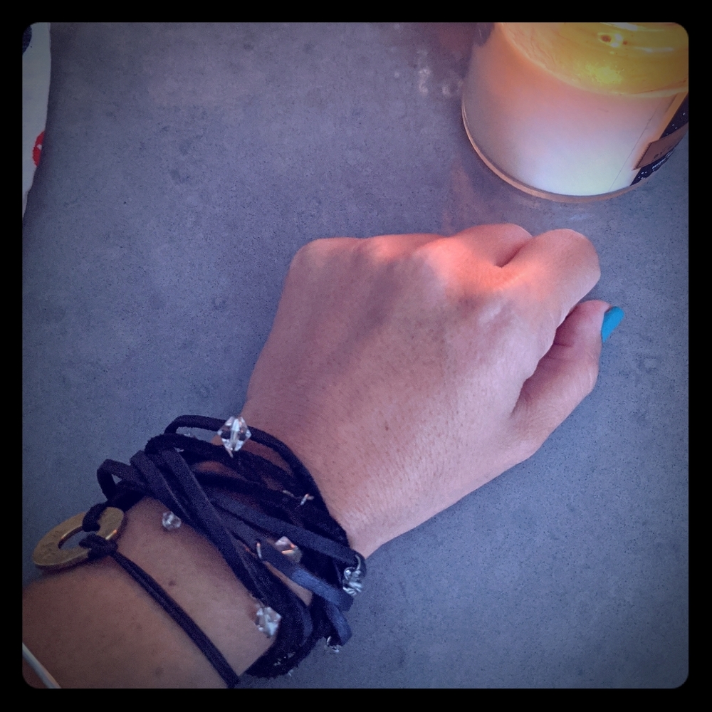 Black faux leather bracelet with clear beads
